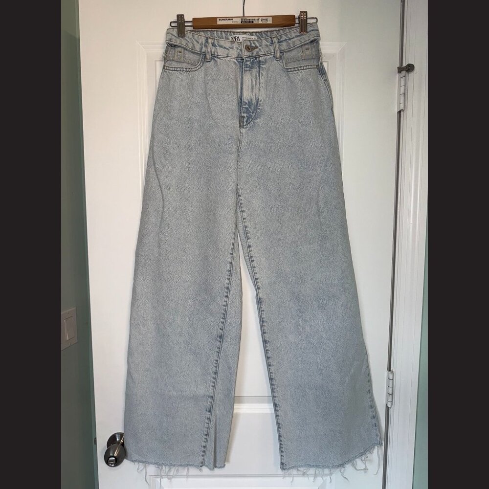 ZARA Denim Collection Cutout Waist Front Slit Wide Leg Jeans Size 6